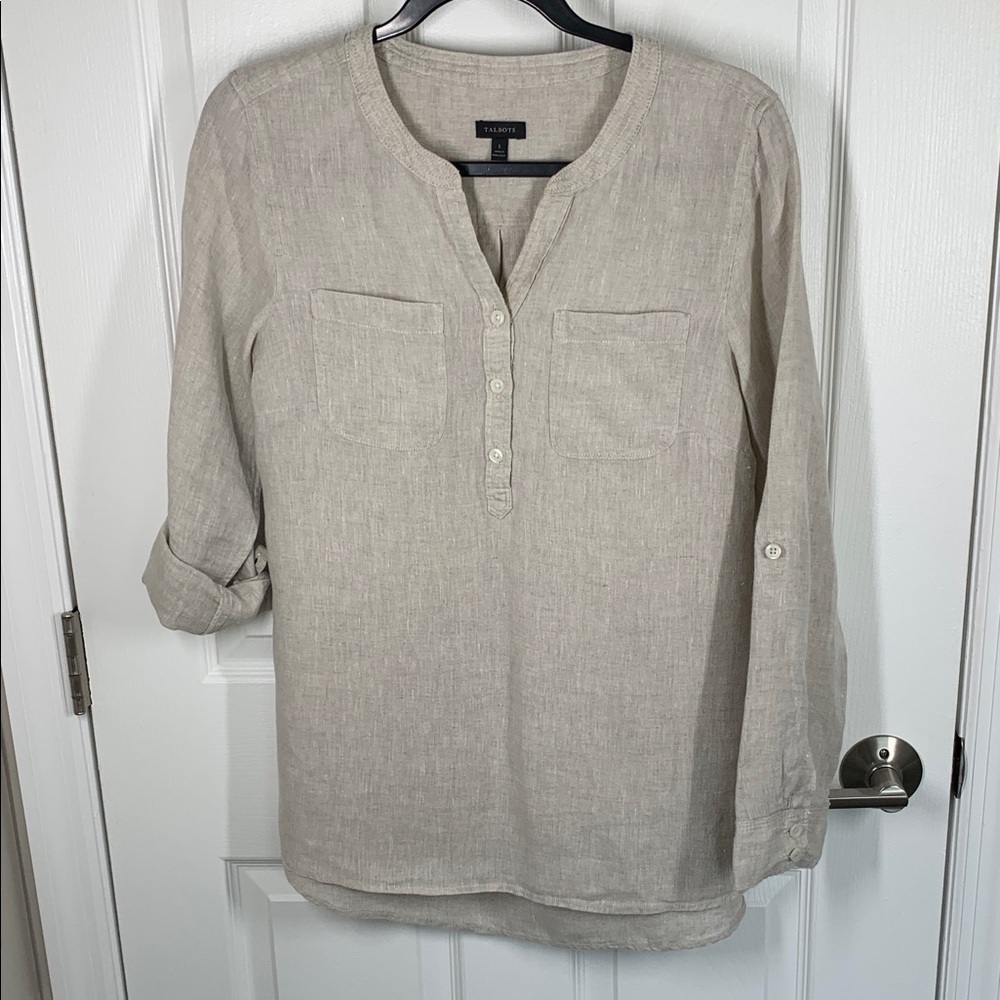 Talbots tan linen tunic blouse size small